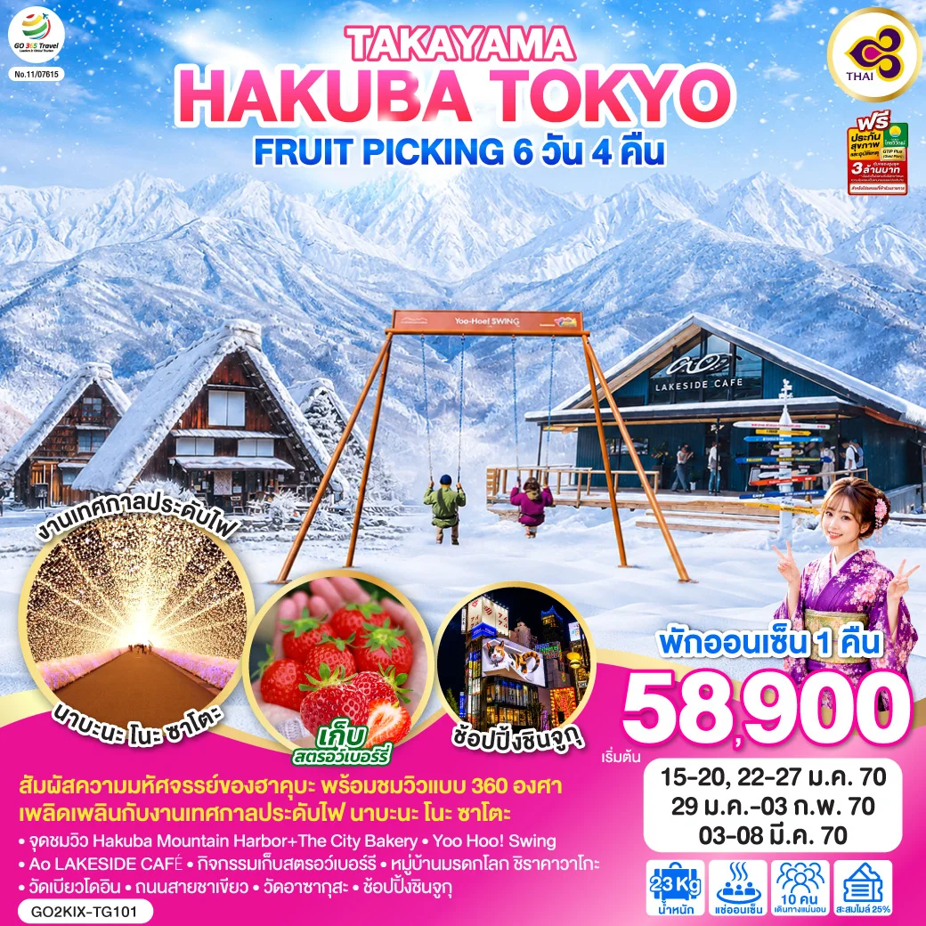 ทัวร์ญี่ปุ่น TAKAYAMA HAKUBA TOKYO FRUIT PICKING 6วัน 4คืน (TG)